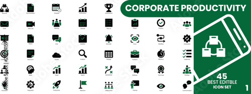 A comprehensive set of business and management symbols representing a professional corporate productivity icon collection for digital interface design. Corporate productivity solid icon set featuring 
