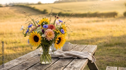 Beautiful Wildflower Bouquet in a Glass Vase on a Rustic Wooden Table at Sunset