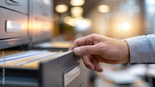 Records management, Office archive. Employee opens a filing cabinet to organize paper documents, supporting document storage, records administration and business compliance.