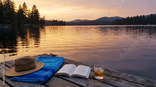 Peaceful Summer Evening Setting With A Book And Drink On A Wooden Lake Pier