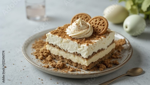 A delectable dessert featuring creamy layers, crunchy cookie crumbs, and a whipped cream topping. Served on a rustic plate, it's a visually appealing treat, AI generated