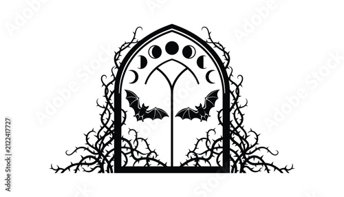Foto Black silhouette of a gothic archway entwined with thorny vines featuring bats and moon phases vector illustration isolated on white background