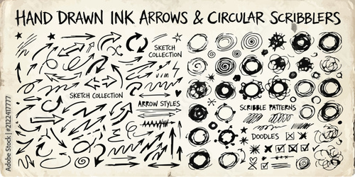 Foto Hand drawn ink arrows and circular scribblers set on textured vintage paper with