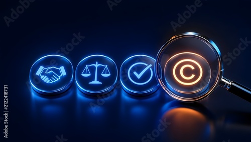 Magnifying glass focusing on a glowing copyright symbol next to handshake scale of justice and checkmark icons representing intellectual property law.