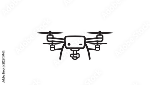 Drone Icon: A clean, minimalist line art illustration of a modern drone, featuring a camera gimbal and four propellers, presented against a plain background.