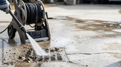 Power washing a dirty concrete driveway and storm drain grate. Person using a high pressure water spray to clean outdoor surface