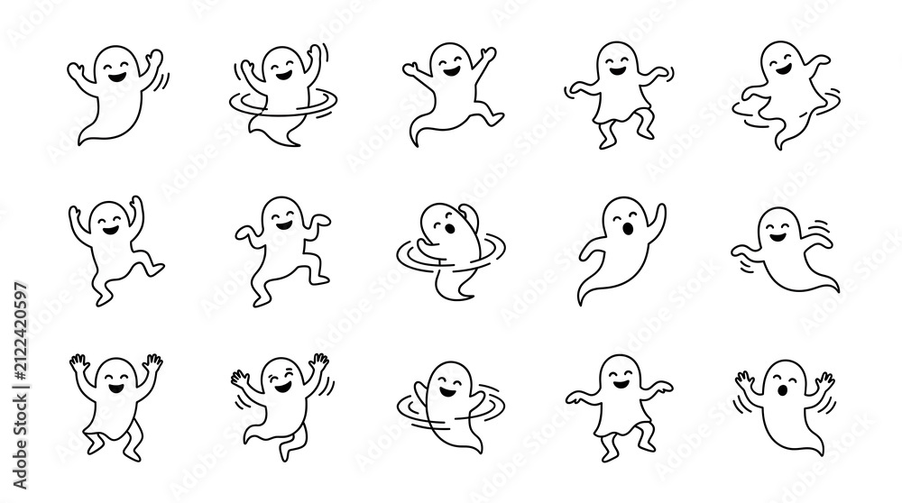 Obraz premium Set of cute ghost characters outlined in simple black lines showing various happy poses and expressive movements for spooky festive holiday halloween graphic design projects.