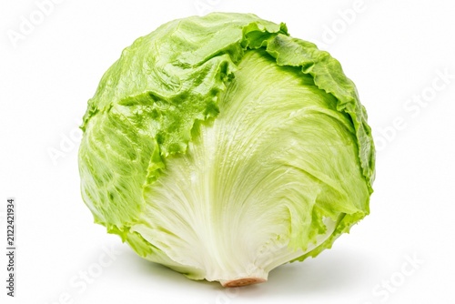 Fresh iceberg lettuce head isolated on a white background. Crisp green organic vegetable, perfect ingredient for healthy salads, sandwiches, and cooking.