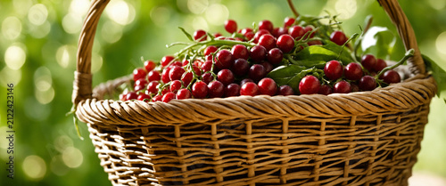 RUSTIC WICKER BASKET OVERFLOWING WITH FRESH RED CHERRIES IN NATURAL SUNLIGHT