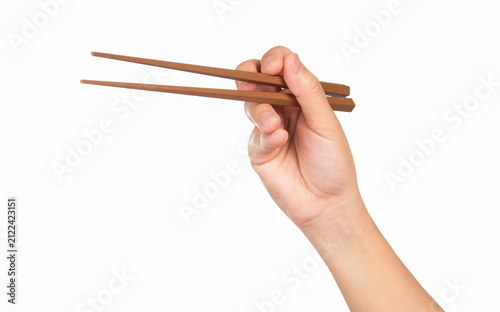Hand holding chopsticks on isolated on white background.
