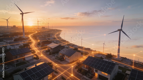 Aerial view of smart neighborhood powered by wind turbines and solar panels with glowing power grid lines.