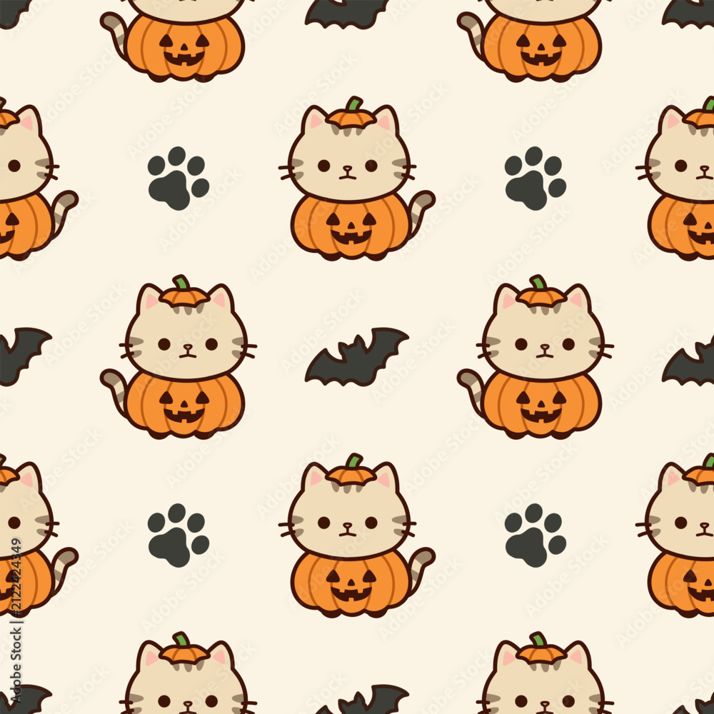 Naklejka premium Cute Halloween Seamless Pattern. Cute Pumpkin Cat, kawaii cartoon background. for fabric print, gift wrapping paper, wallpaper. Vector illustration
