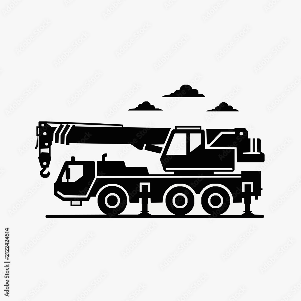 Fototapeta premium Modern Black and White of Heavy Duty Crane Truck with Extended Boom and Hook with high quality professional line art symbols for modern creative design and digital branding projects