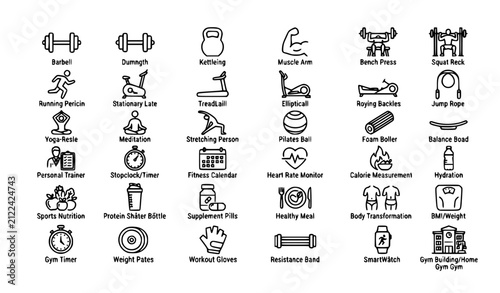 Gym fitness outline icons with workout training and muscle gain vector set