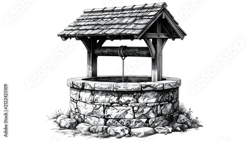 Vintage Stone Wishing Well Illustration