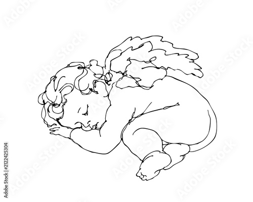 Cherub sleeping outline drawing- hand drawn line work isolated no background