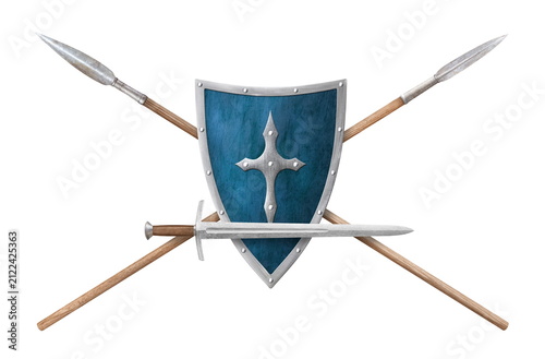 sword shield and two lances isolated on white