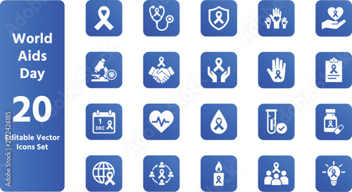 World AIDS Day Editable Vector Icon Set with HIV Awareness Medical Healthcare and Support Symbols