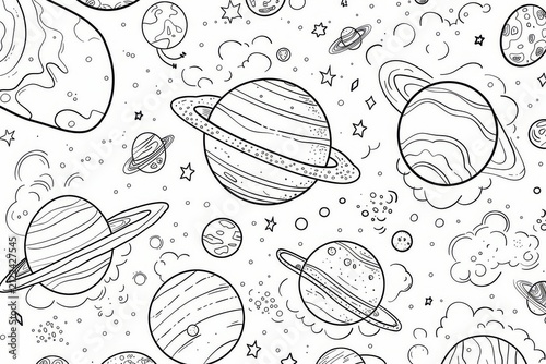 Planets in space, kids coloring page with bold outlines