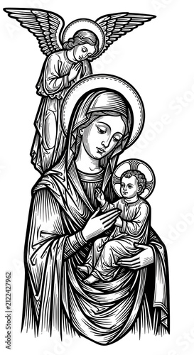 Virgin Mary Holding Baby Jesus With Angel Above Vintage Illustration