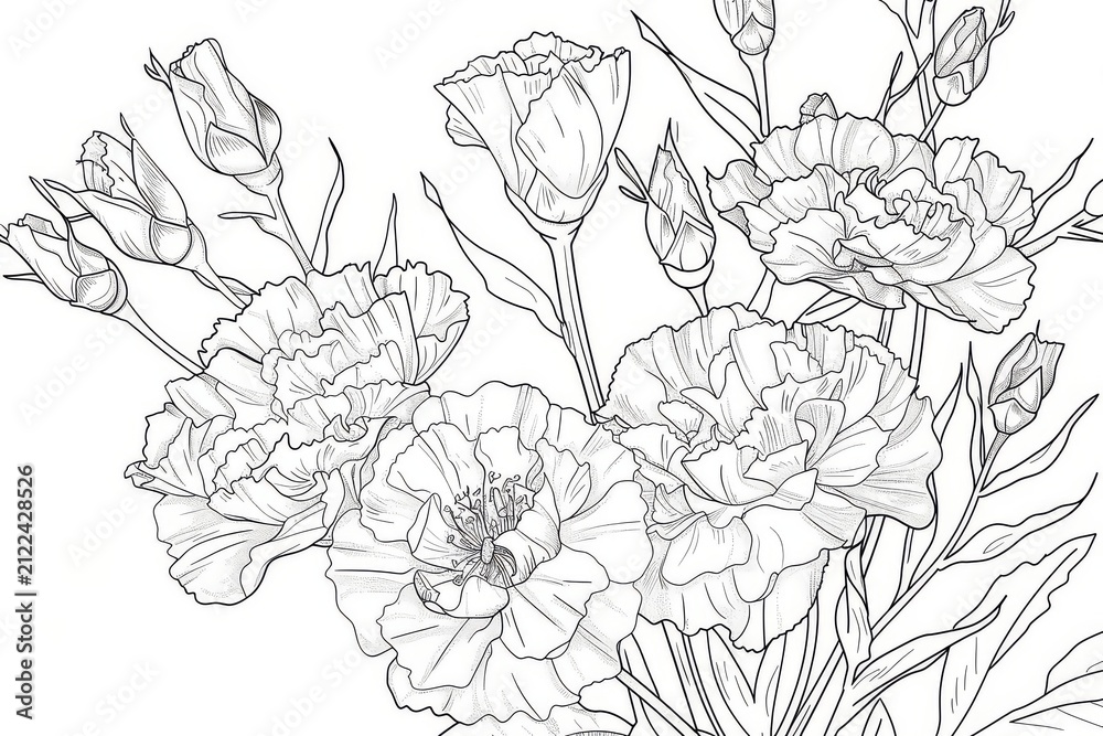 Fototapeta premium Carnations and wild roses in full bloom, monochrome coloring page with decorative linework
