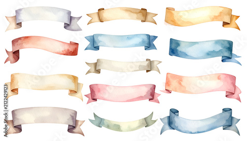 Watercolor Banners Ribbons Set Pastel Colors Isolated Transparent Background