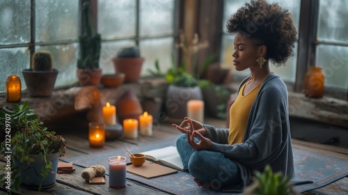 A person woman meditating on a yoga mat, with candles, a journal beside them