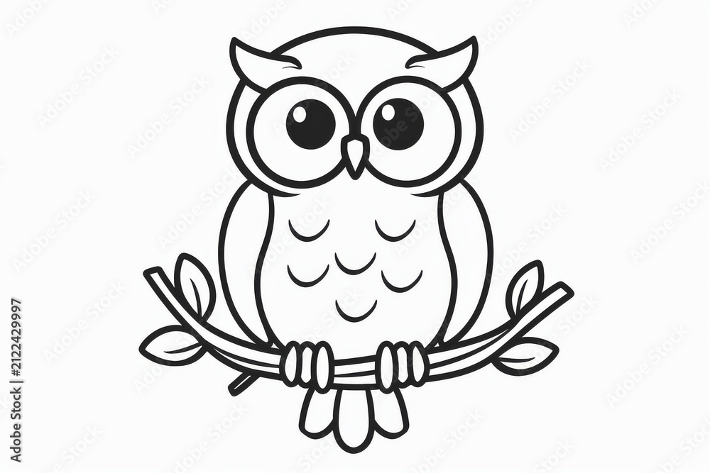 Fototapeta premium Cute owl sitting on a tree branch with wide, printable kids coloring page with thick lines