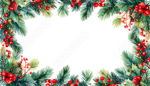 Watercolor Christmas Frame Evergreen Branches Red Berries Festive Holiday Border
