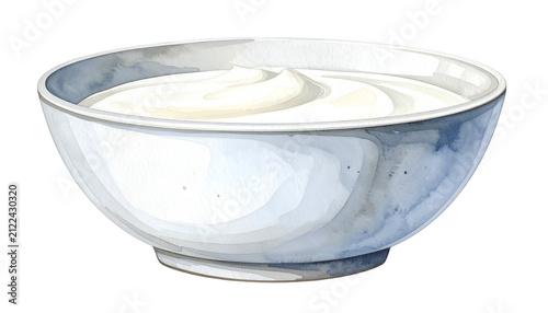 Watercolor Creamy White Yogurt In Blue Bowl Isolated Transparent Background