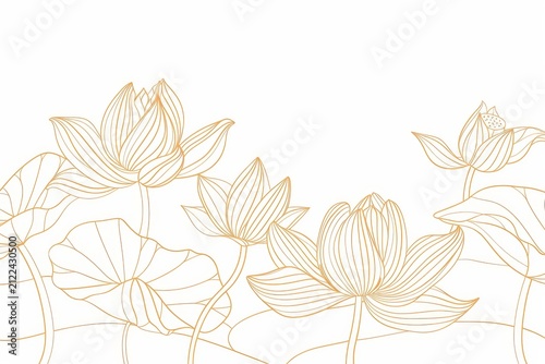Golden line drawing of lotus flowers, black ink outline illustration