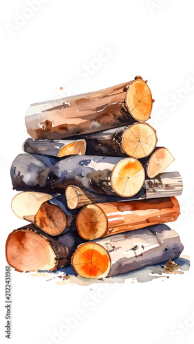 Watercolor Pile of Firewood Logs Warm Tones Isolated