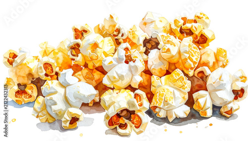 Watercolor Popcorn Pile Isolated Transparent Background Realistic Photo