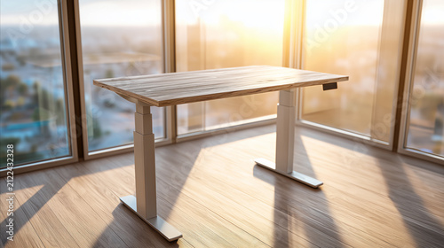 Contemporary Height-Adjustable Standing Desk in Bright Office with Panoramic Windows