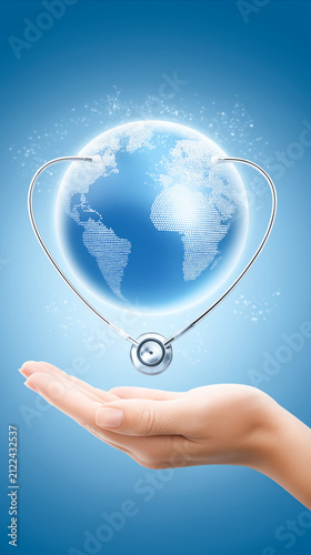 Global Healthcare Concept with Stethoscope and Earth Above Human Hand