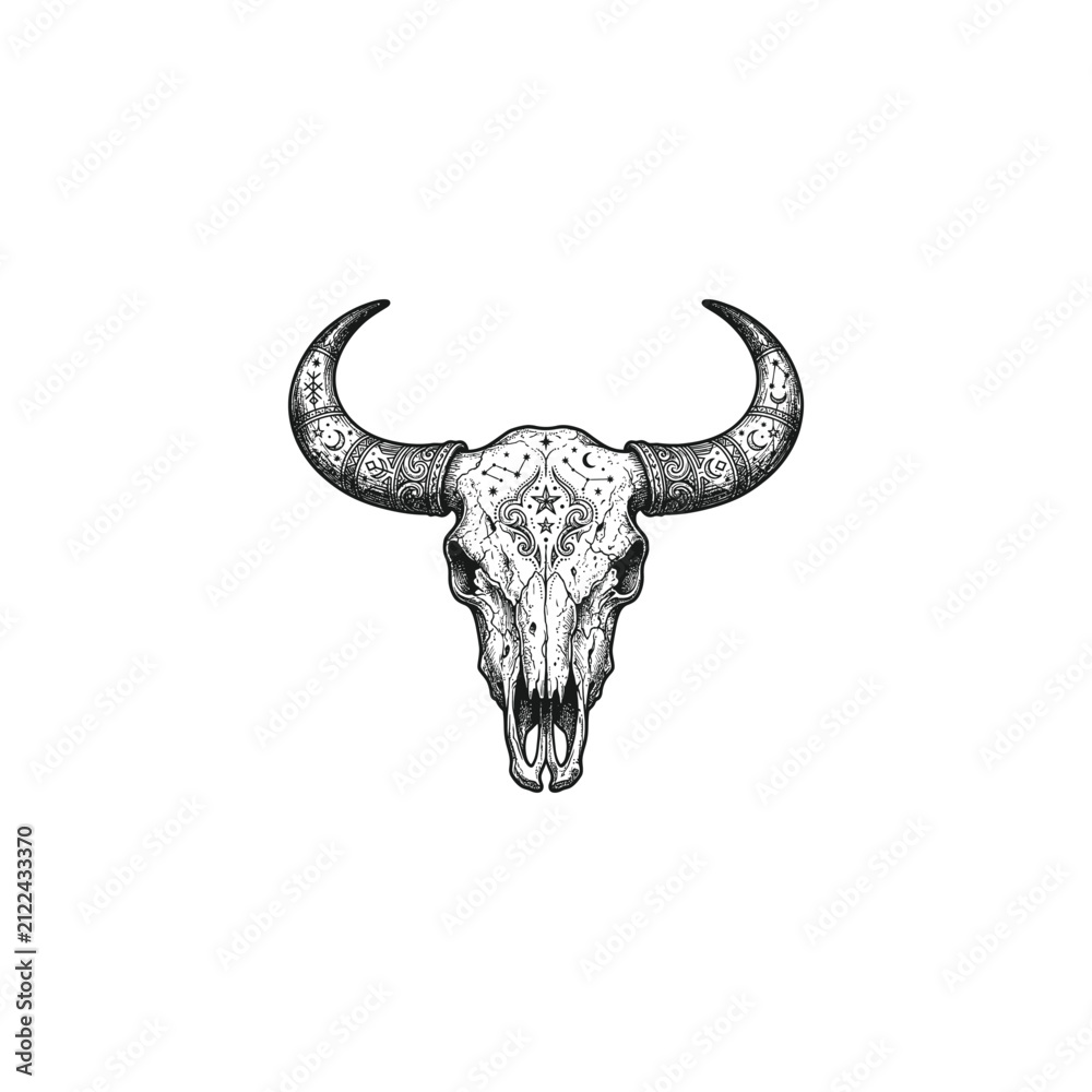 Fototapeta premium Engraving illustration of an ornate buffalo or bull skull adorned with mystical patterns, stars, and a crescent moon