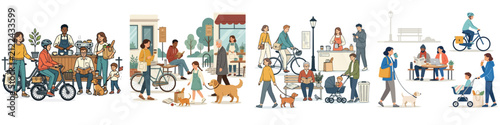 Illustration of a vector character set performing daily activities, on a white background.
