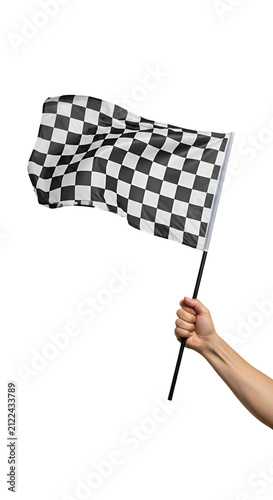 Waving Black and White Checkered Race Flag Held by Hand Isolated Transparent Background