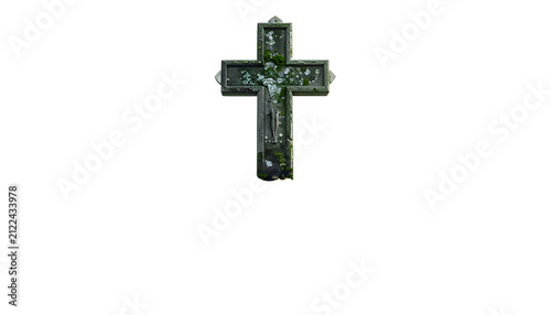 Weathered Stone Cross Covered in Green Moss Isolated on White