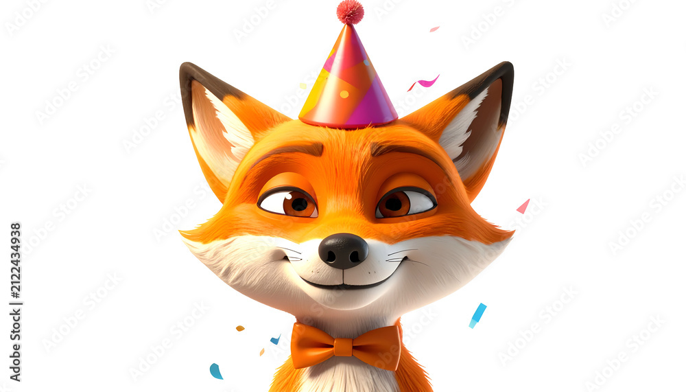 Fototapeta premium Whimsical Fox Wearing Party Hat and Bowtie Celebrates Birthday with Confetti