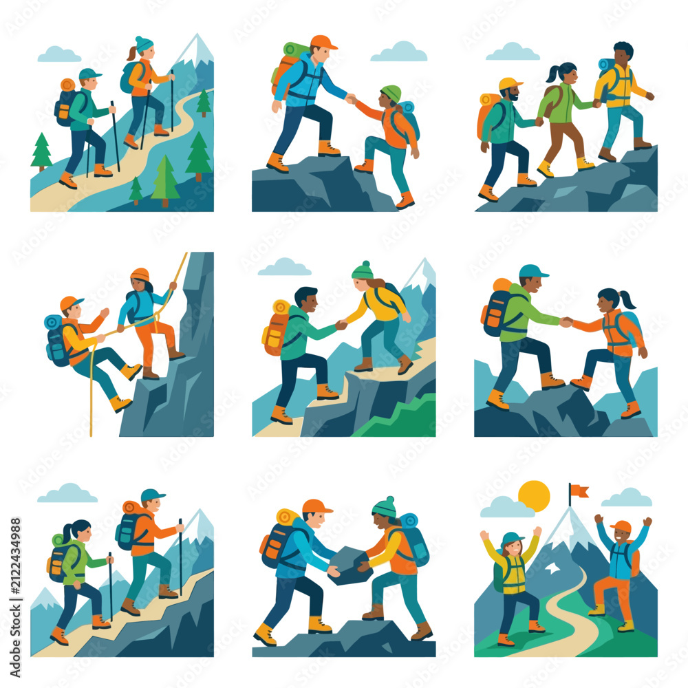 Fototapeta premium A collection of flat vector icons showing people hiking outdoors