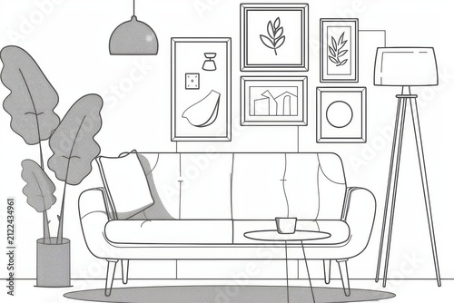 An interior design with a sofa, black ink outline illustration