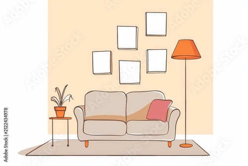 Modern living room with sofa and floor lamp, bright playful illustration