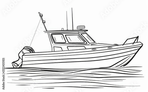 An old-style police boat on the water, minimal vector line drawing
