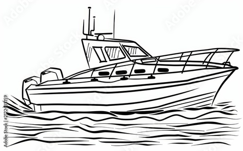 An old-style police boat on the water, black ink outline illustration