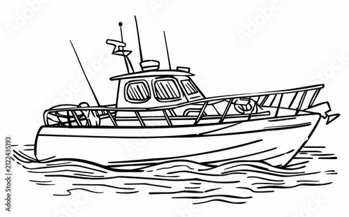 An old-style police boat on the water, monochrome outline illustration