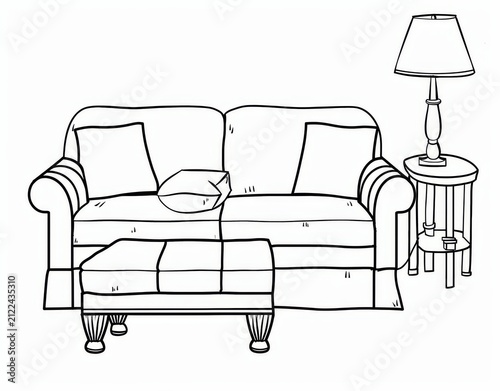 Oversized sofa with two square pillows, black ink outline illustration