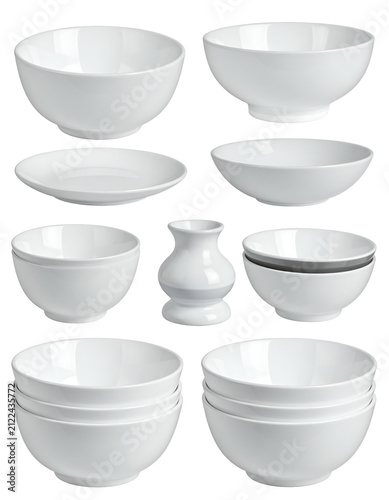 White Ceramic Bowls and Small Vase Set Isolated Clean Studio Lighting