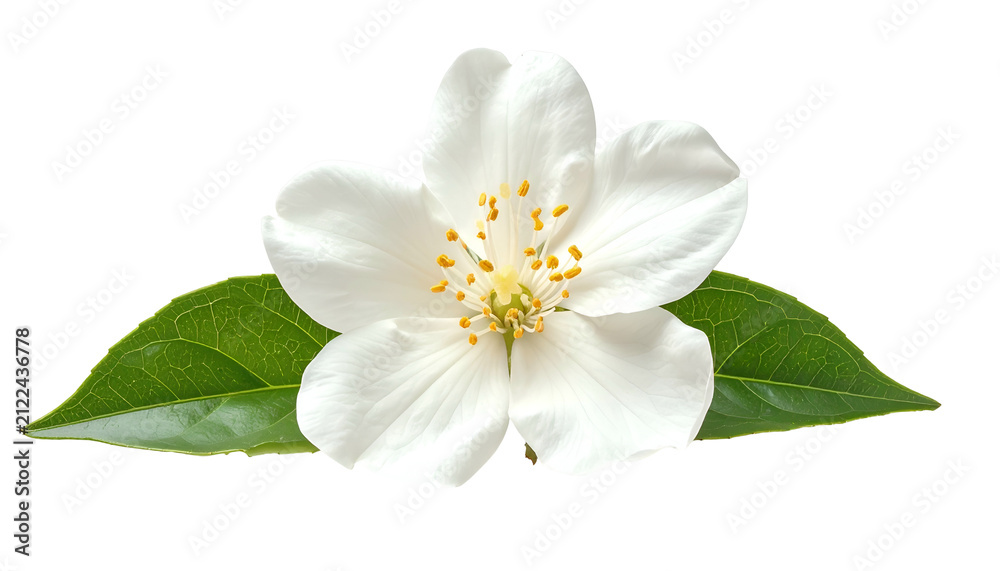 Fototapeta premium White Jasmine Flower Delicate Isolated Realistic Photo Green Leaves