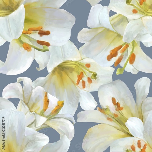 Fotografie Watercolor White Lily Seamless Floral Pattern with Blue Gray Background